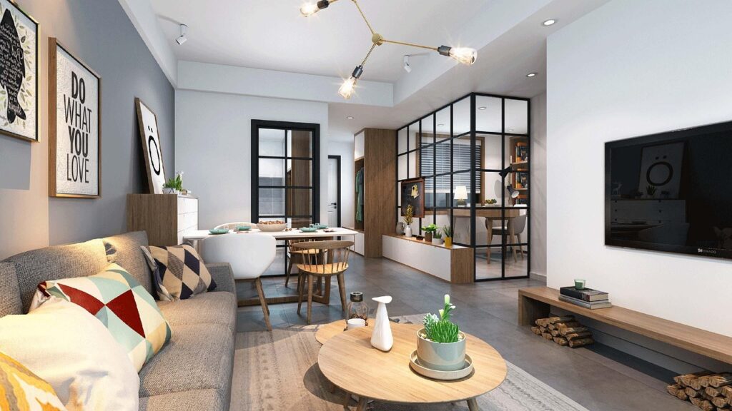 suelo negro y muebles naturales