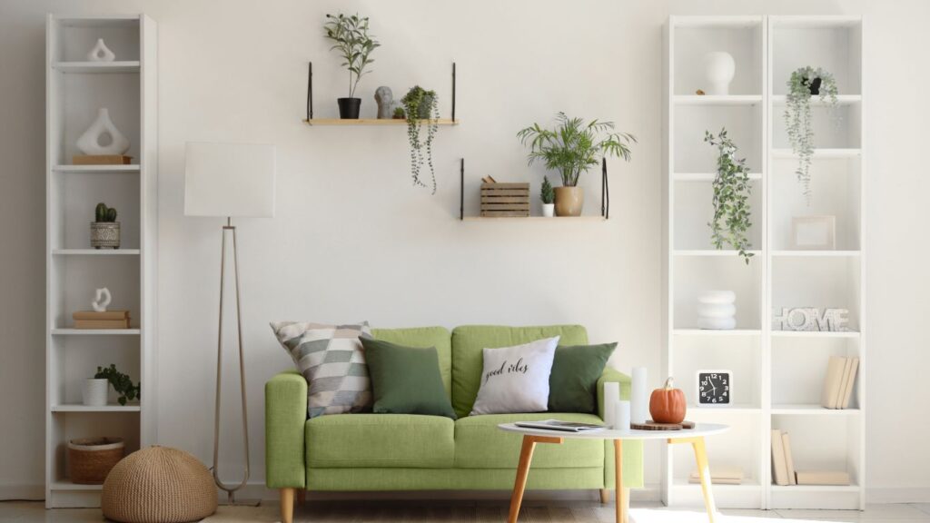 decoración con sofá verde