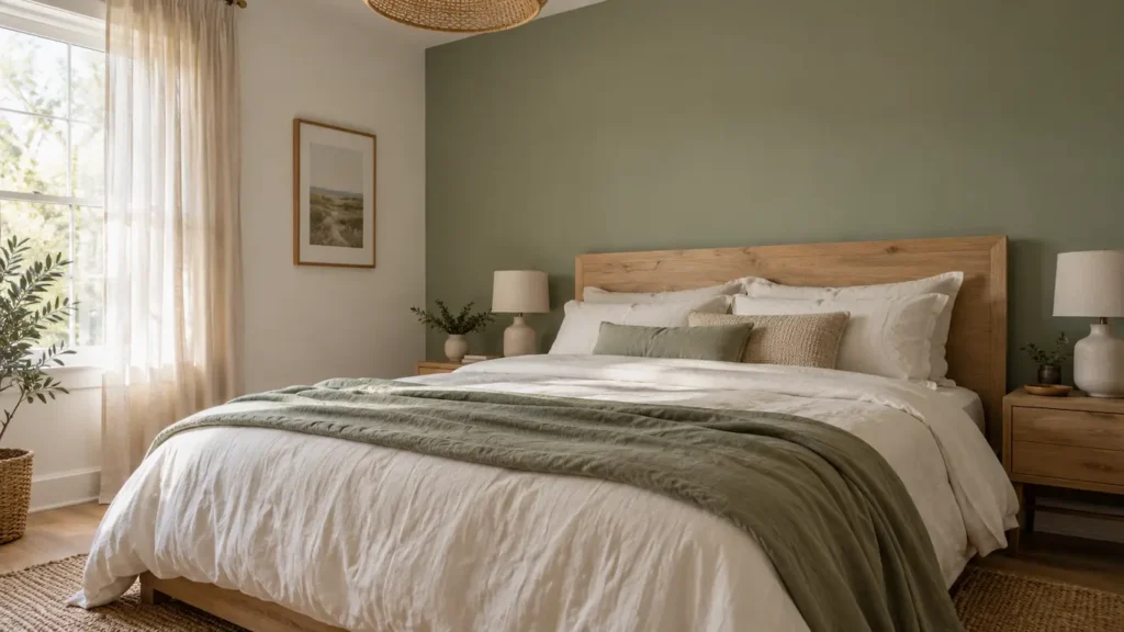 Combinación de colores para pintar una habitación con pared verde salvia y paredes laterales blanco roto
