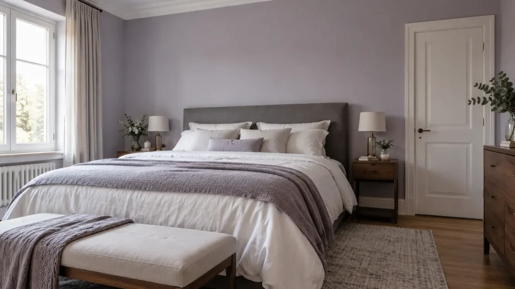 Paleta de tonos suaves para pintar un dormitorio con paredes lavanda grisácea y techo blanco sobre una cama con cabecero gris