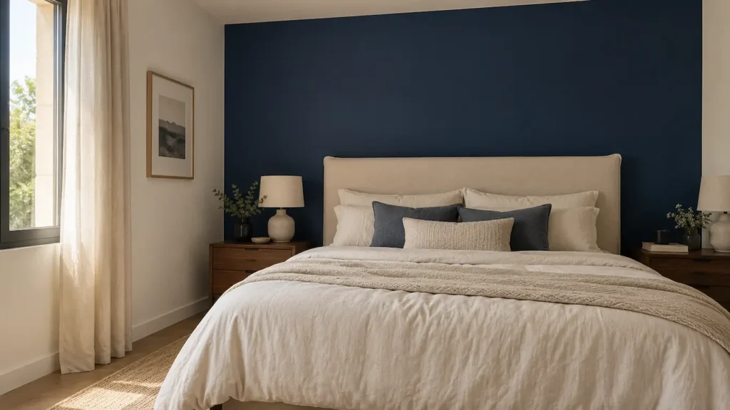 Colores para pintar un dormitorio de matrimonio con pared azul marino y cabecero tapizado en crema