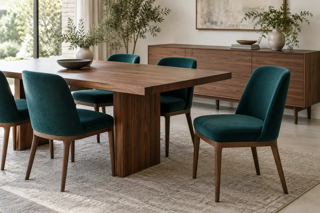 Sillas tapizadas en azul petróleo alrededor de una mesa de nogal, con un asiento ligeramente separado