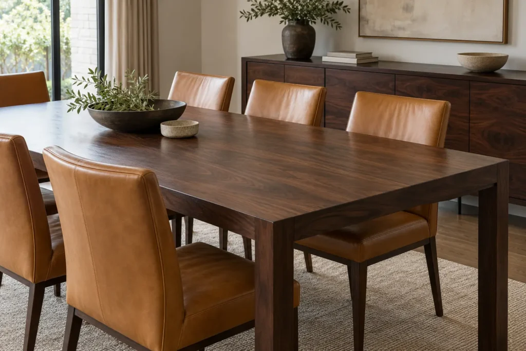 Sillas de piel caramelo alrededor de una mesa de nogal oscuro, con un aparador de madera al fondo