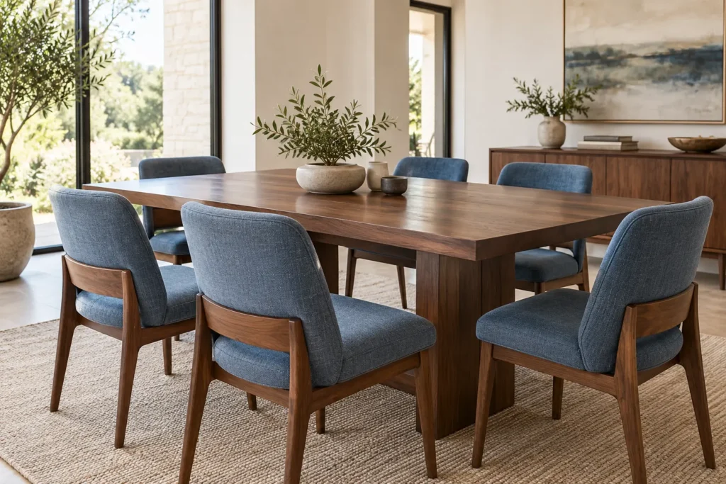 Sillas azul grisáceo con estructura de nogal alrededor de una mesa de la misma madera