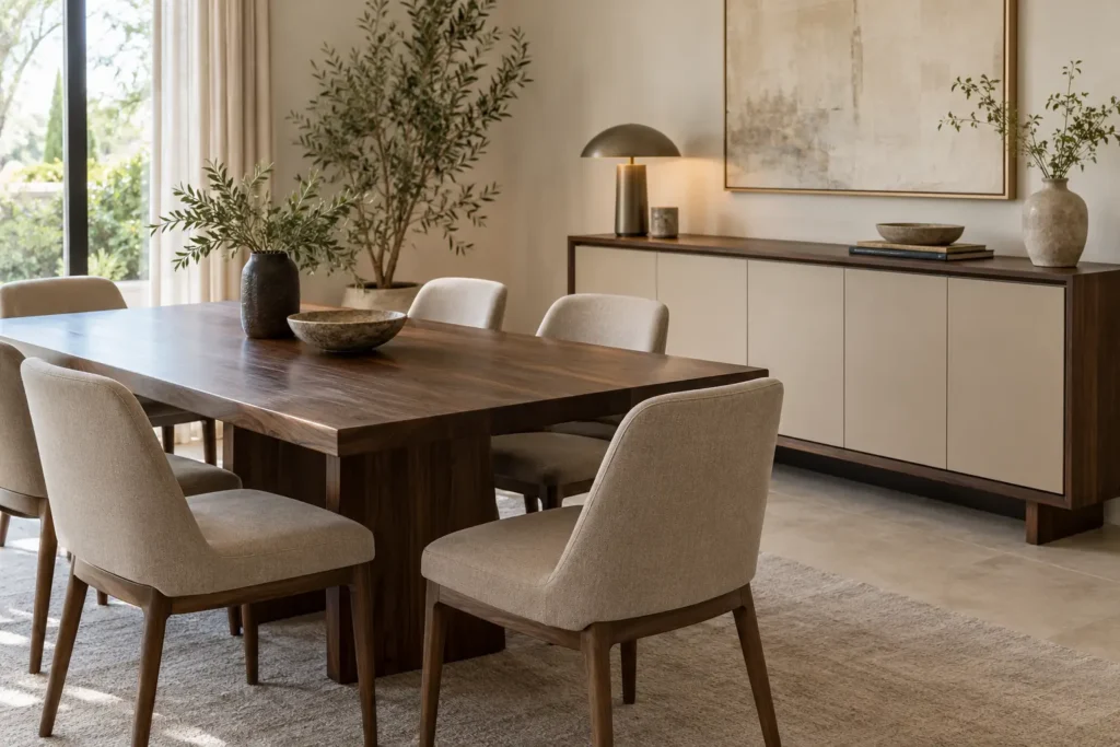 Mesa de nogal oscuro rodeada de sillas greige, con un aparador beige al fondo
