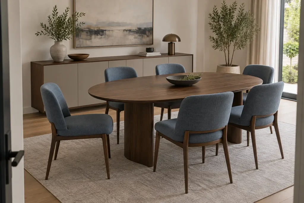 Mesa ovalada de nogal con sillas azul suave y un aparador de frentes greige al fondo