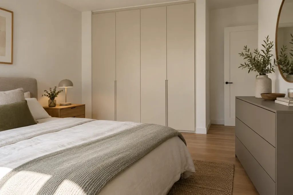 Armario de puertas beige mate junto a una cómoda topo más oscura en un dormitorio contemporáneo