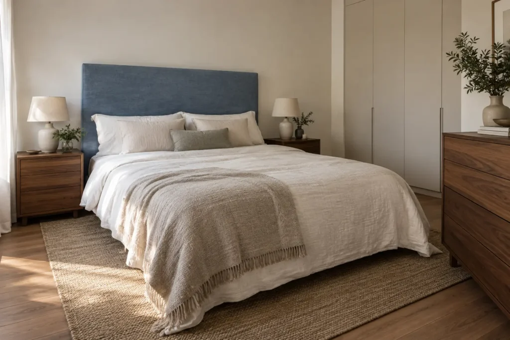 Colores de muebles de dormitorio modernos con cabecero azul empolvado y mesitas de nogal junto a un armario beige