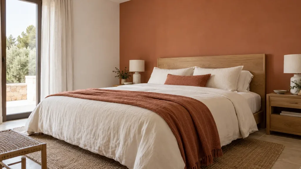 Combinación para pintar las paredes del dormitorio en terracota suave y blanco cálido, con cama de roble