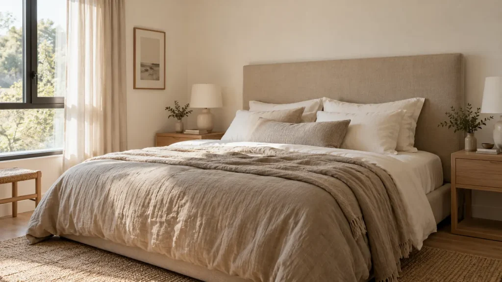 Paleta de colores para pintar dormitorios en blanco roto y arena, con cabecero tapizado y ropa de cama neutra