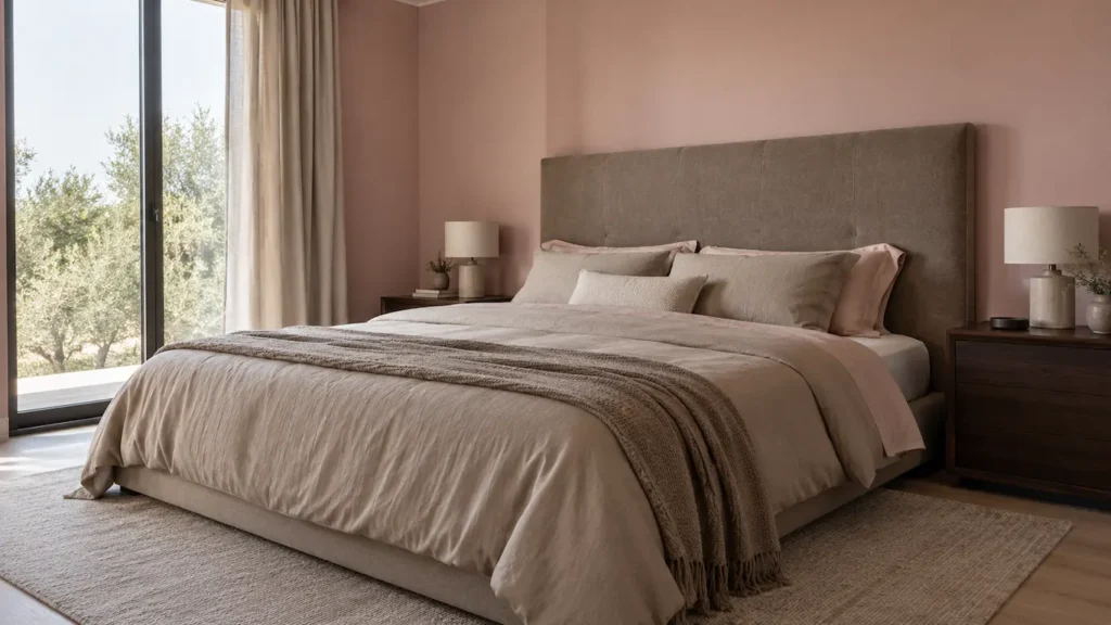 Paleta de colores para dormitorio con paredes rosa empolvado y cabecero topo junto a mesitas de madera oscura