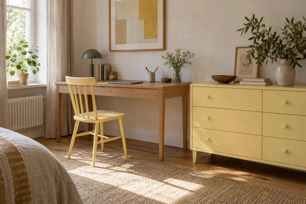 Escritorio de roble natural acompañado de una silla amarillo mantequilla y una cómoda del mismo tono