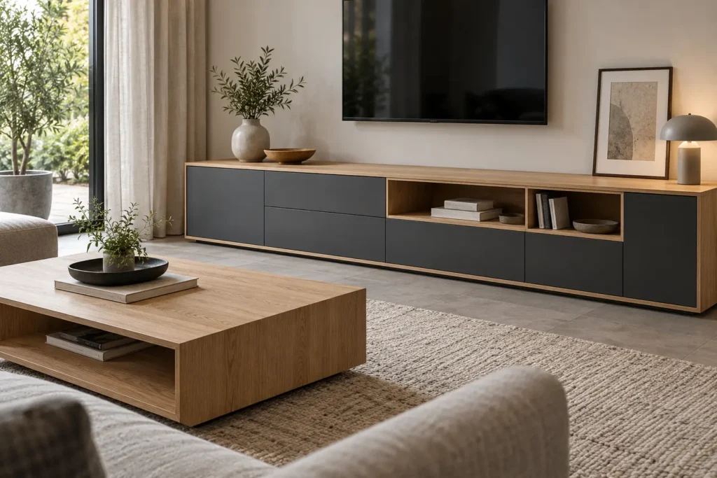 Mueble bajo de frentes grafito con módulos abiertos de roble, acompañado de una mesa de centro de madera clara