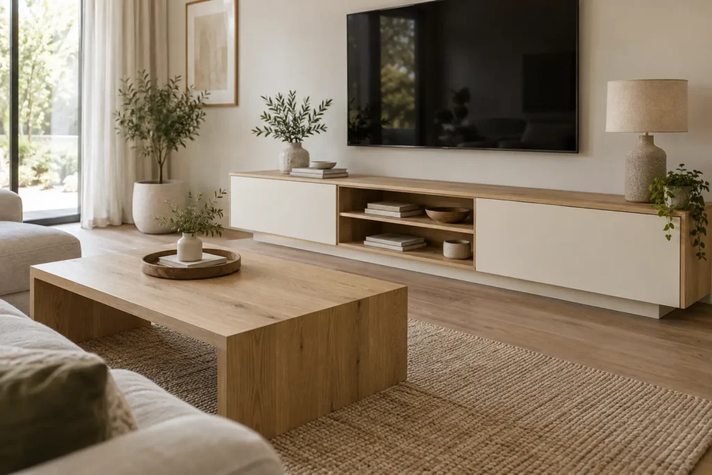 Colores de muebles modernos en un salón con frentes blanco roto y mesa de centro de roble natural